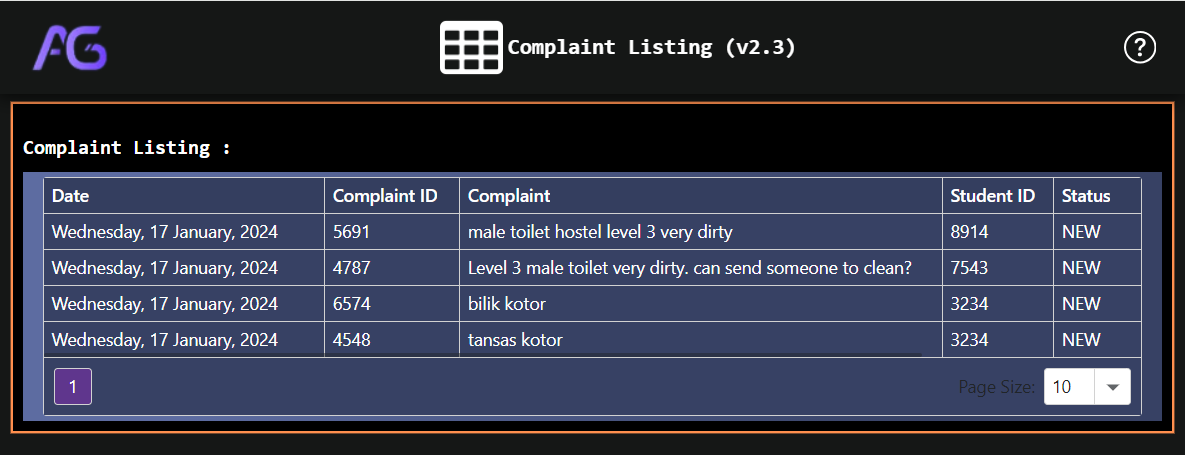 Gridview to show complaint listing